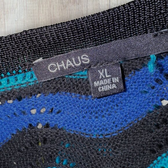 CHAUS Multi Color Blue Green Chevron Wave Open Knit V-Neck Cardigan Sweater XL - Picture 3 of 4